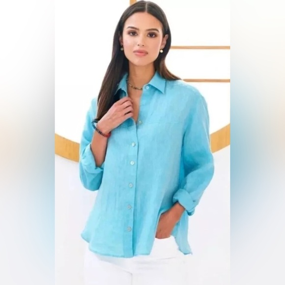 NEW UNTUCKit Blush-Aqua Button‎ Down Cottage Preppy Shirt Blue Sz 14 $98 1000 - Picture 2 of 8